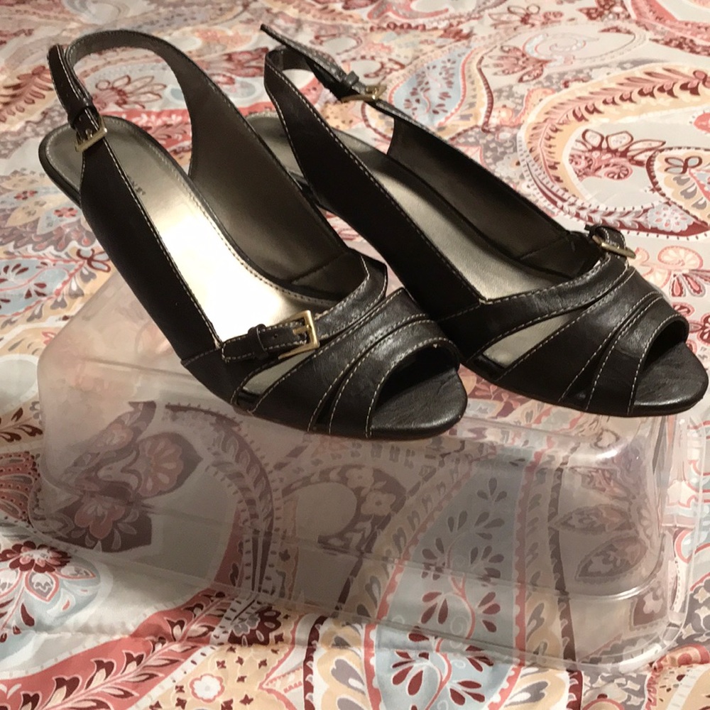 Brown high heels.